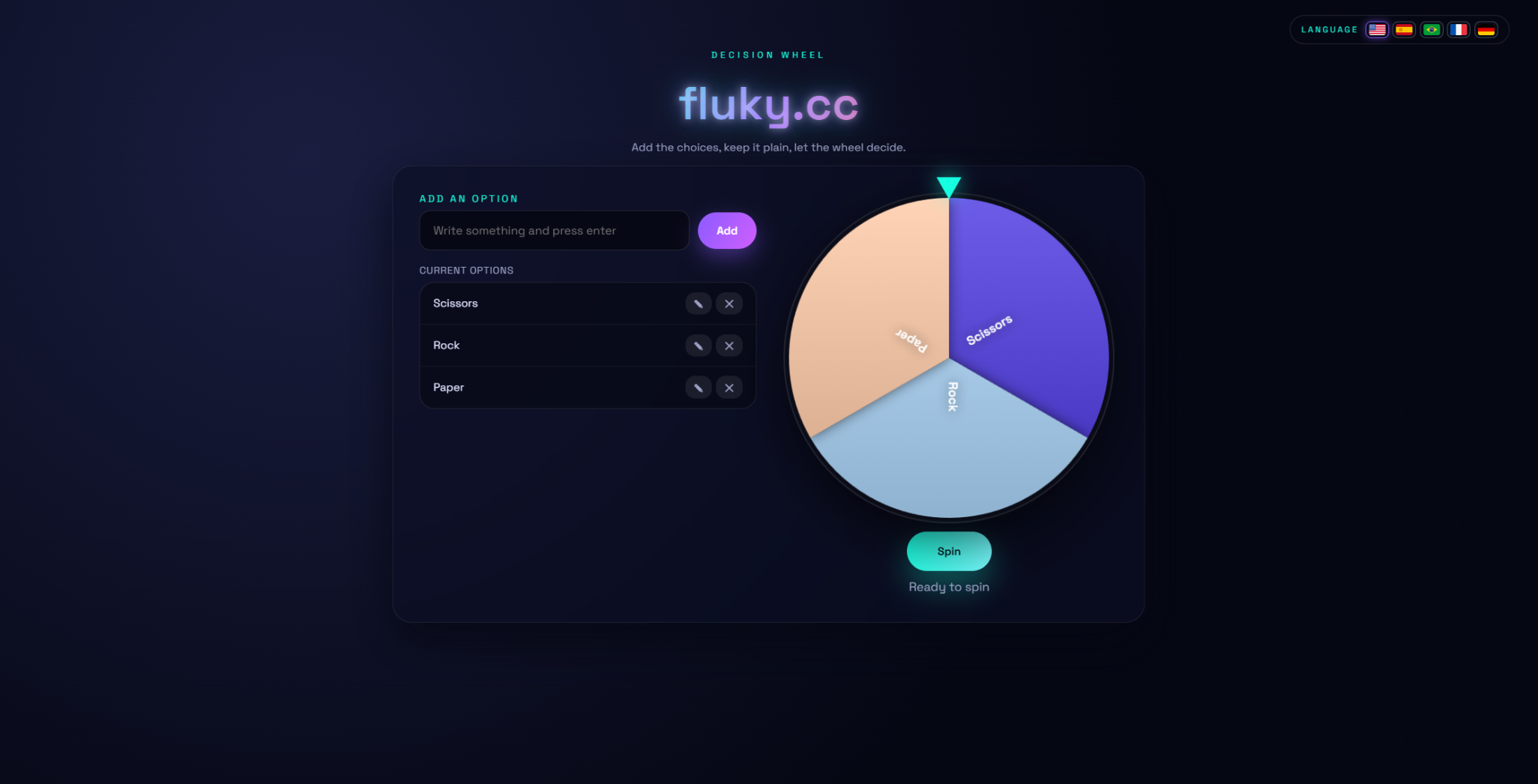 Fluky decision wheel screenshot showing a colorful roulette-style spinner